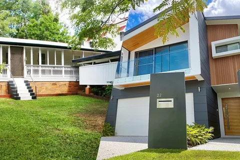 New Ownit Homes knockdown rebuild beside an original Queenslander in Coorparoo