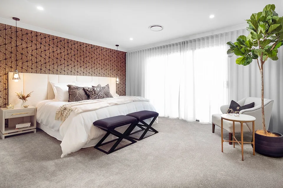 Master bedroom with feature wallpaper and calm tones