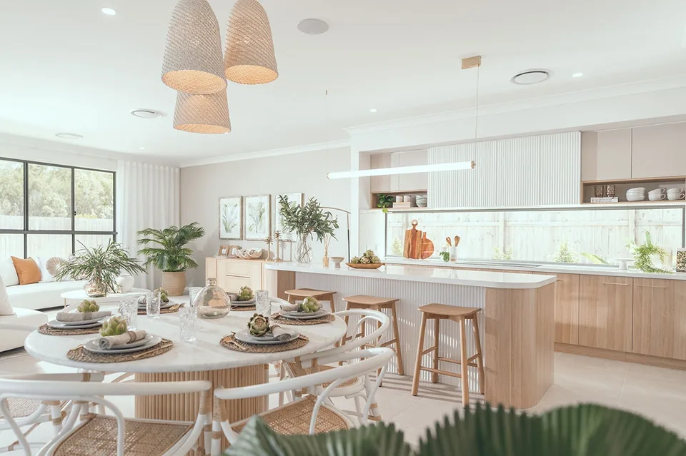 Seamless kitchen, dining and living with a relaxed coastal feel