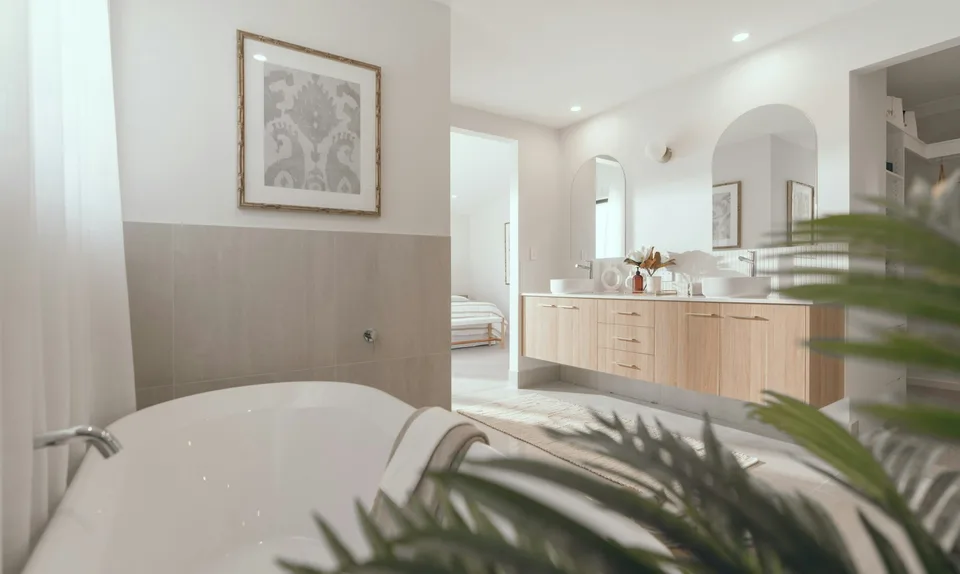 Spacious ensuite featuring double vanity and freestanding bath