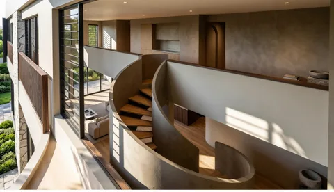 Rosewood interior render with warm walnut finishes